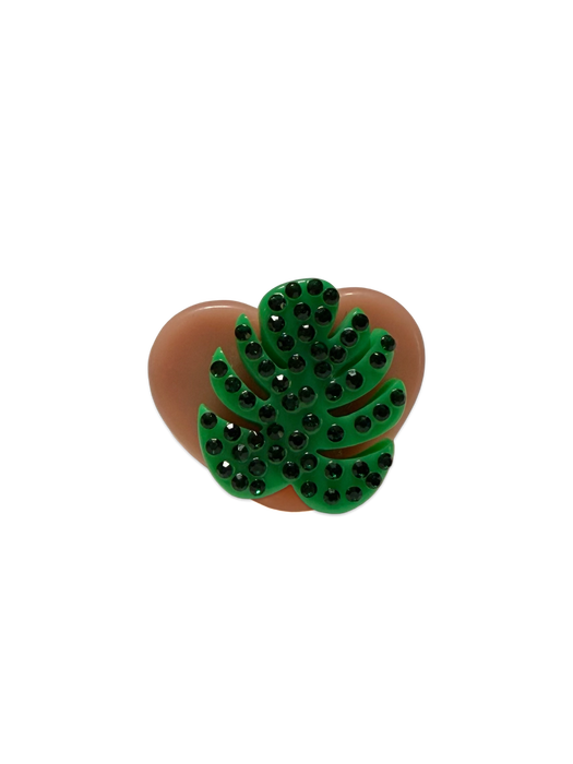 Crystal Monstera Leaf Circle and Heart Ring