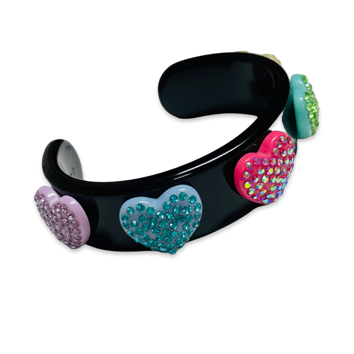 Encrusted Rainbow Crystal Hearts Wide Cuff Bracelet