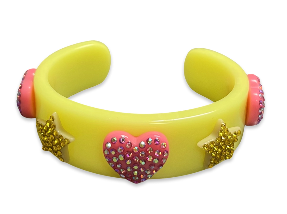 Encrusted Crystal Hearts and Stars Wide Cuff Bracelet