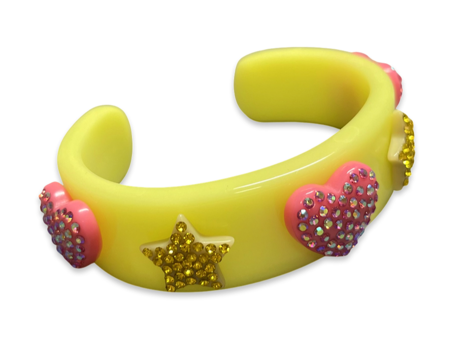 Encrusted Crystal Hearts and Stars Wide Cuff Bracelet
