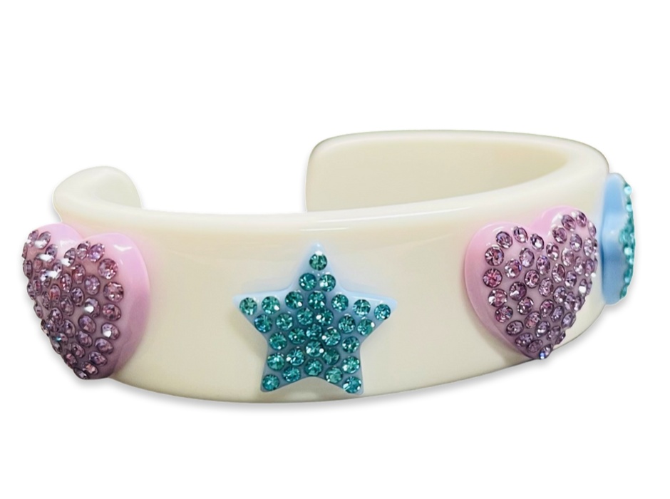 Encrusted Crystal Hearts and Stars Wide Cuff Bracelet
