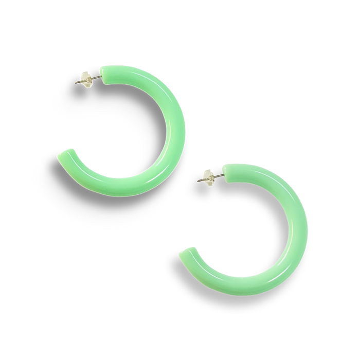 Refreshing mint green acrylic hoop earrings: Trendy, large mint green hoop earrings for a pop of fresh color.