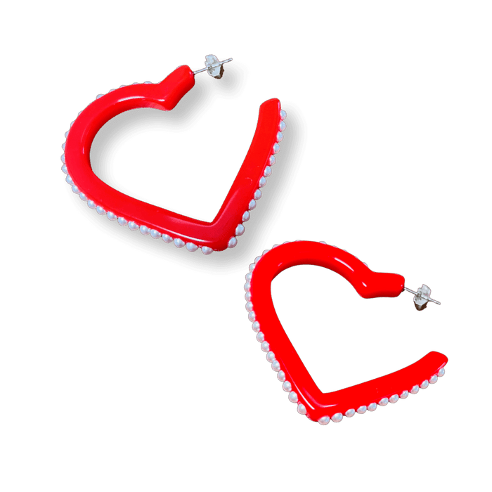 Pearl Red Heart Hoop Earrings
