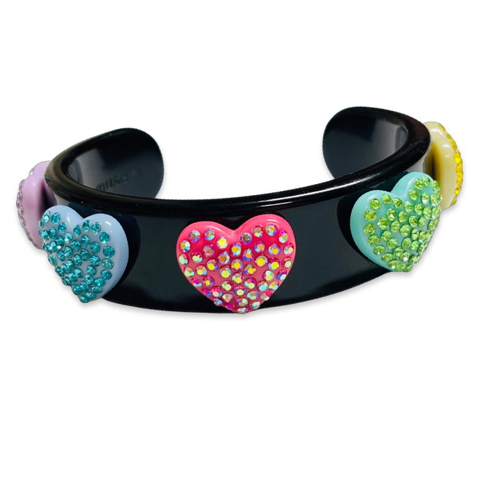 Encrusted Rainbow Crystal Hearts Wide Cuff Bracelet