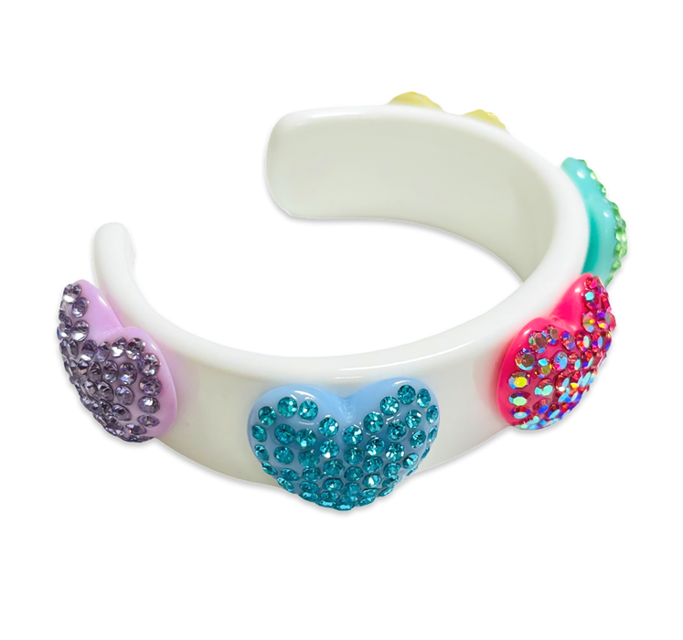 Encrusted Rainbow Crystal Hearts Wide Cuff Bracelet