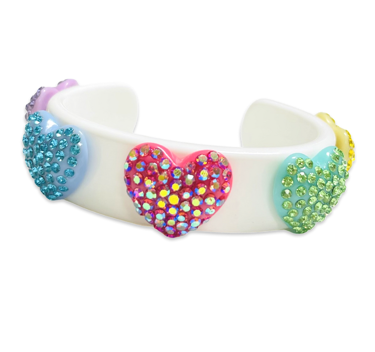 Encrusted Rainbow Crystal Hearts Wide Cuff Bracelet