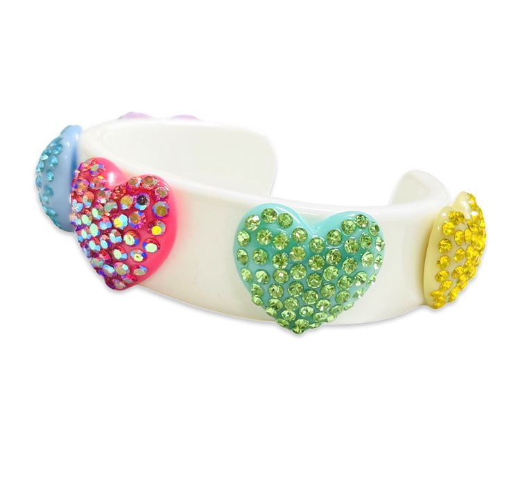 Encrusted Rainbow Crystal Hearts Wide Cuff Bracelet