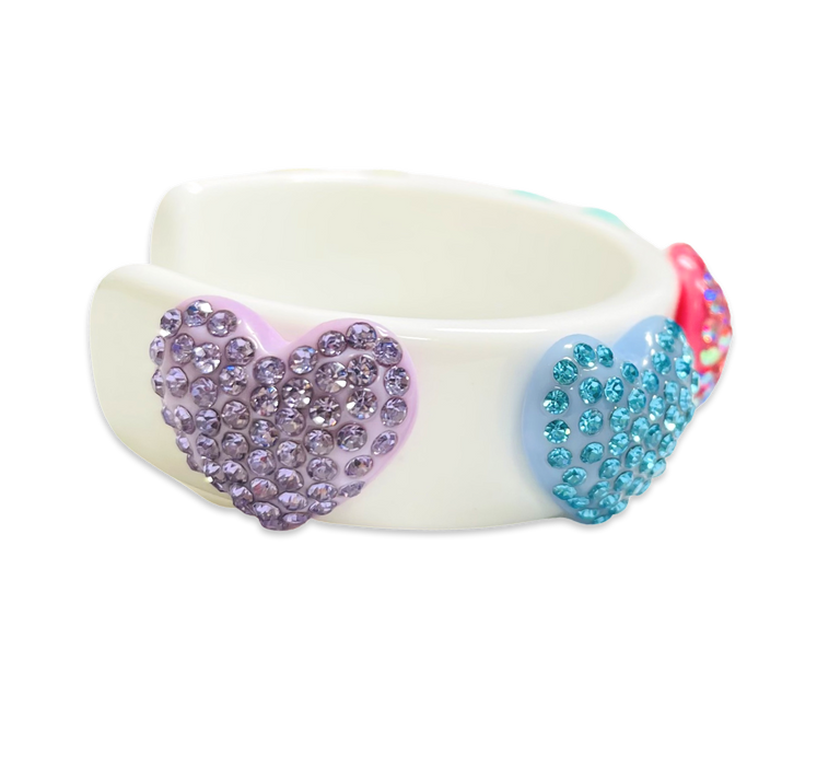 Encrusted Rainbow Crystal Hearts Wide Cuff Bracelet