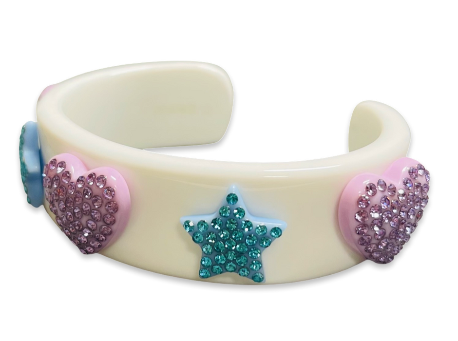 Encrusted Crystal Hearts and Stars Wide Cuff Bracelet