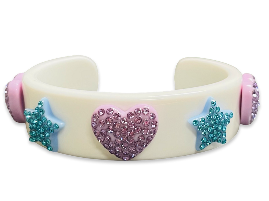 Encrusted Crystal Hearts and Stars Wide Cuff Bracelet