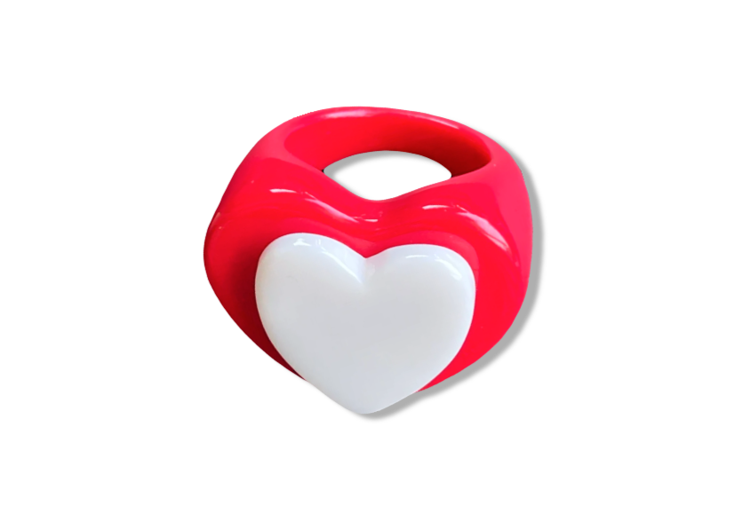 White Cherry Red Heart Ring