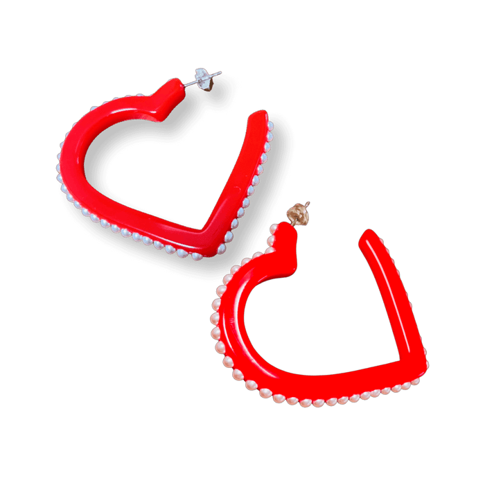 Pearl Red Heart Hoop Earrings